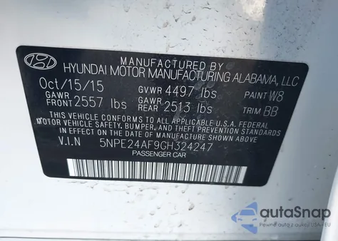 2016 Hyundai Sonata Se from USA, damaged, VIN 5NPE24AF9GH324247